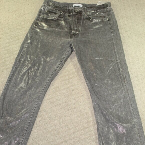 Zara Women's Size 6 High Rise Cropped Raw Hem Metallic Silver Jeans - Picture 1 of 5